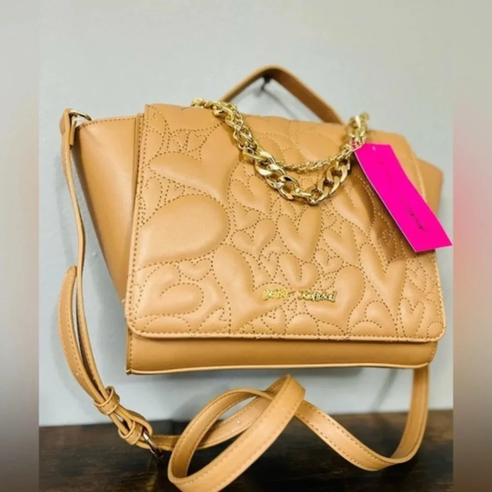 Betsey Johnson Quilted Winged Satchel Bag Cognac Faux Leather Chain Strap NWT